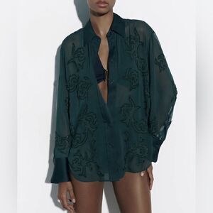ZARA EMBROIDERED BEADED SEMI-SHEER BLOUSE